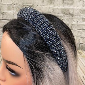 Jet Hematite glass beaded puff headband NEW